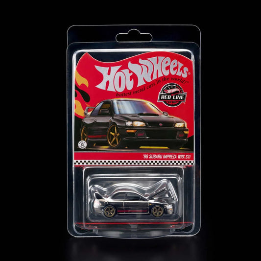 Hot Wheels RLC Exclusive 1998 Subaru Impreza WRX STi 1:64 JJY62 in Spectraflame Slate with pink STi stripes and bronze Real Riders wheels