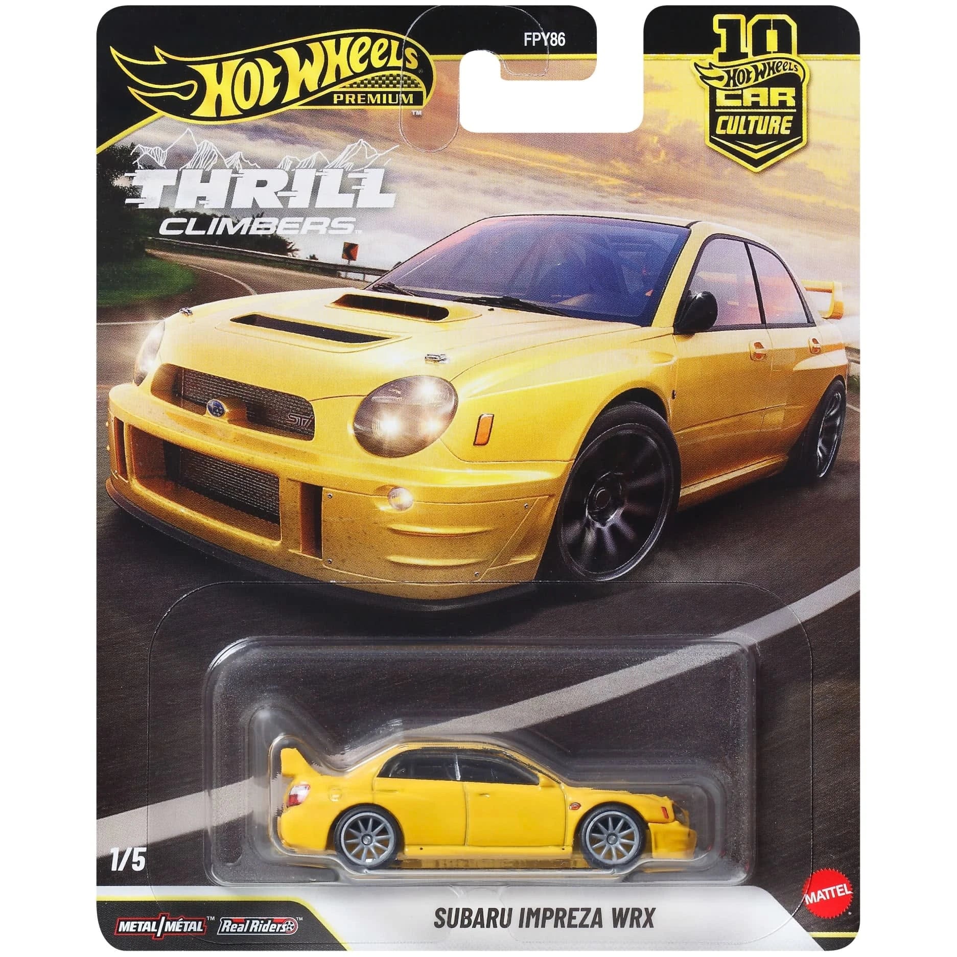 Hot Wheels 1:64 Subaru Impreza WRX premium die-cast with Real Riders wheels and Metal/Metal body and chassis (Thrill Climbers mix).