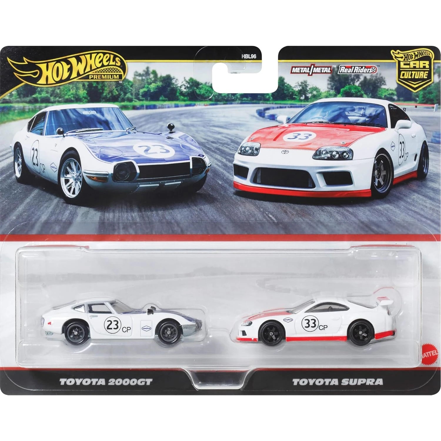 Hot Wheels Premium Car Culture 2-Pack Toyota 2000GT and Toyota Supra 1:64 scale die-cast models with Real Riders wheels