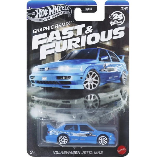 Hot Wheels 1995 Volkswagen Jetta A3 Jesse The Fast and the Furious die-cast car on Fast & Furious Graphic Remix Silver Series card (3/5), blue Volkswagen Jetta.