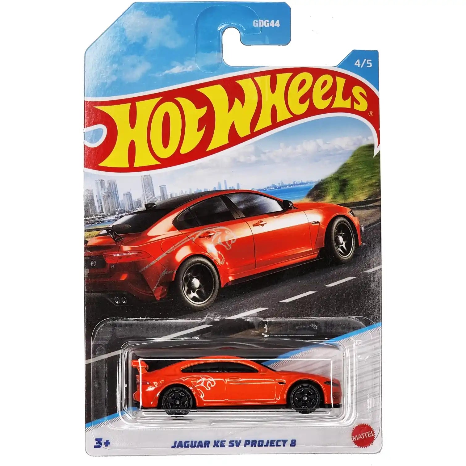 Hot Wheels 1:64 Jaguar XE SV Project 8 Metallic Orange HW Turbo 4/5 die-cast model with black 10-spoke wheels and Project 8 graphics.