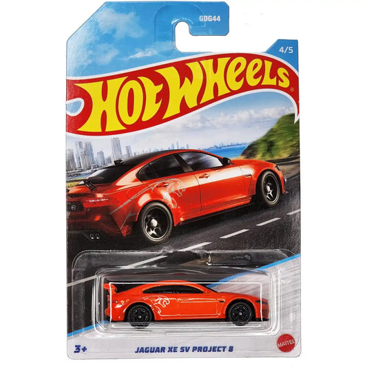 Hot Wheels 1:64 Jaguar XE SV Project 8 Metallic Orange HW Turbo 4/5 die-cast model with black 10-spoke wheels and Project 8 graphics.