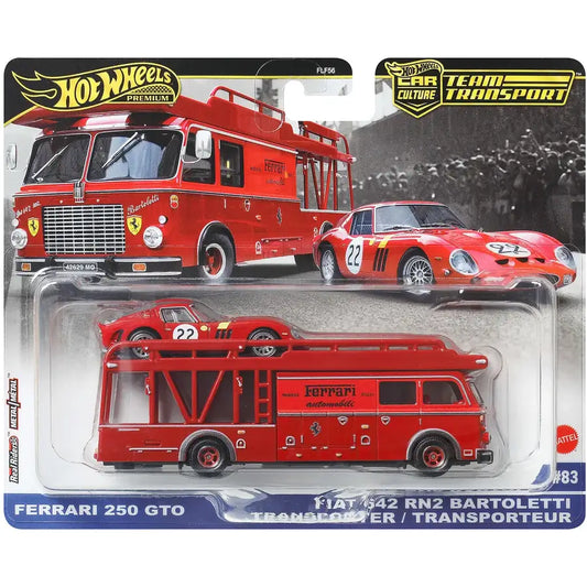 Hot Wheels 1:64 Ferrari 250 GTO and Fiat 642 RN2 Bartoletti Team Transport #83 JBM37 FLF68 premium die-cast set.