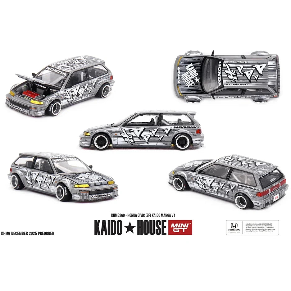 Kaido House x Mini GT 1:64 Honda Civic EF Kaido Manga V1 KHMG260 die-cast model with opening hood, alloy wheels, rubber tires, and rainbow-plated chassis.