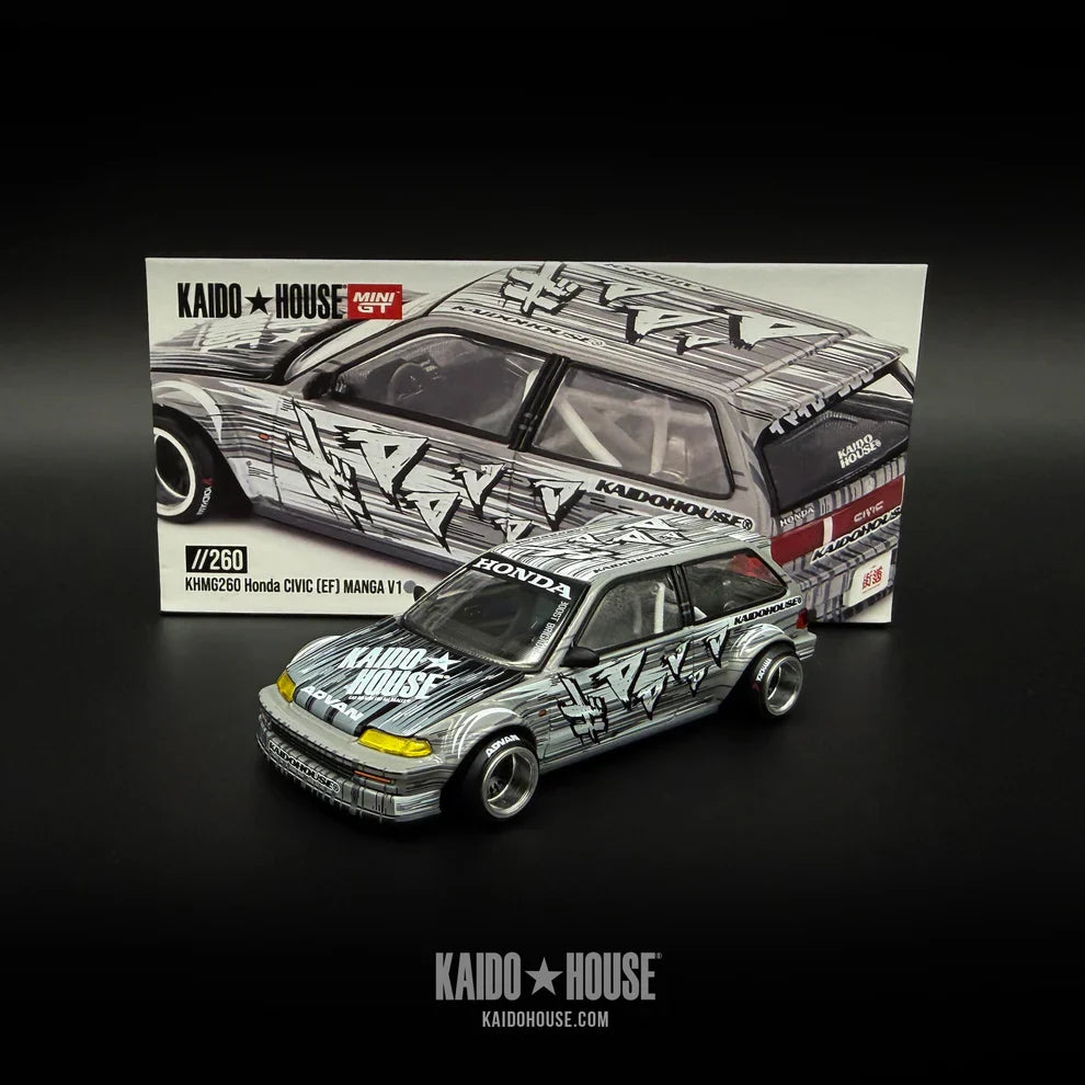 Kaido House x Mini GT 1:64 Honda Civic EF Kaido Manga V1 KHMG260 die-cast model with opening hood, alloy wheels, rubber tires, and rainbow-plated chassis.