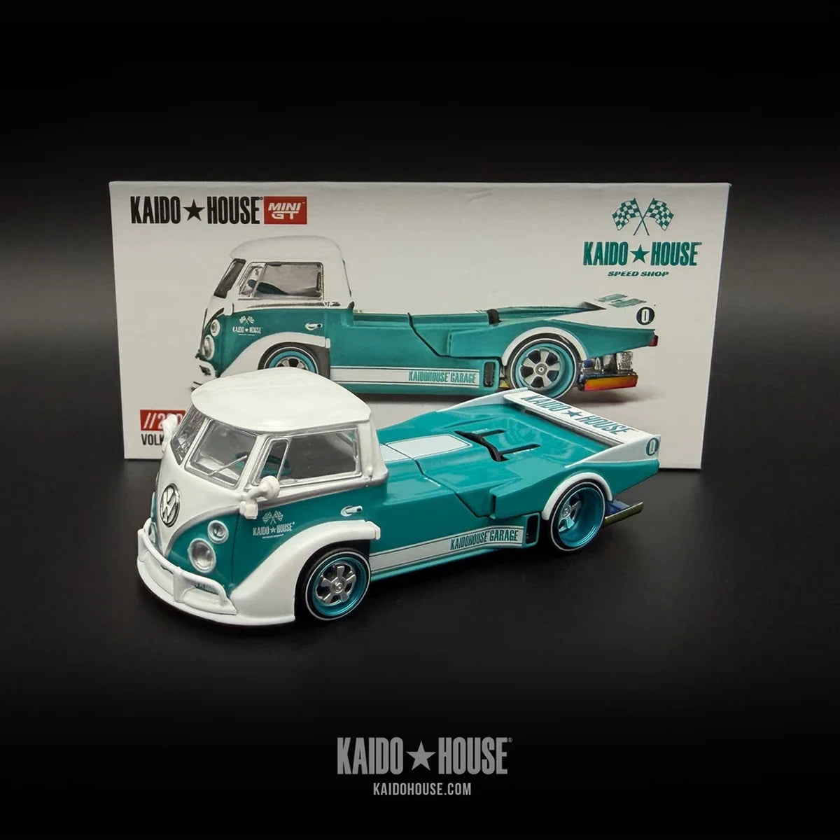 Kaido House x Mini GT Volkswagen T1 Kaido Works V1 Turquoise and White KHMG220 collector model.