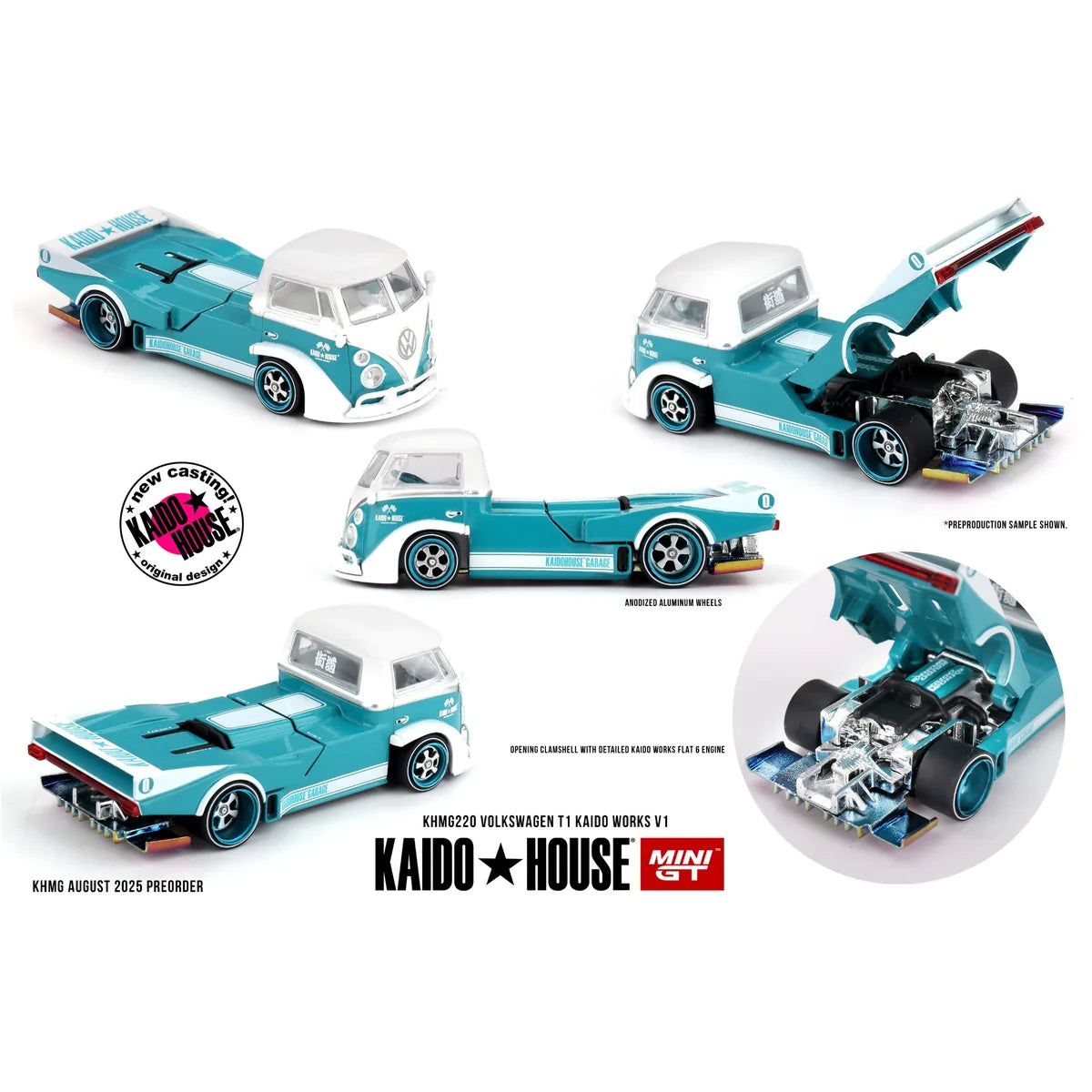 Kaido House x Mini GT Volkswagen T1 Kaido Works V1 Turquoise and White KHMG220 collector model.