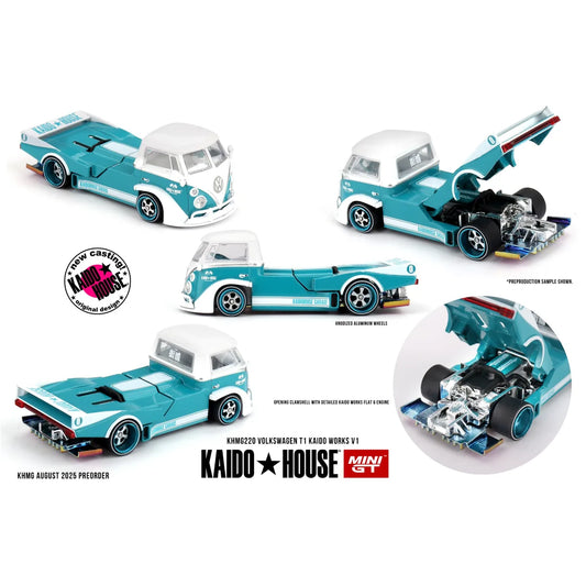Kaido House x Mini GT Volkswagen T1 Kaido Works V1 Turquoise and White KHMG220 collector model.