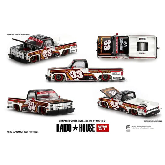 Kaido House x Mini GT 1:64 Chevrolet Silverado Kaido Intimidator V1 1980 die-cast custom pickup truck model.