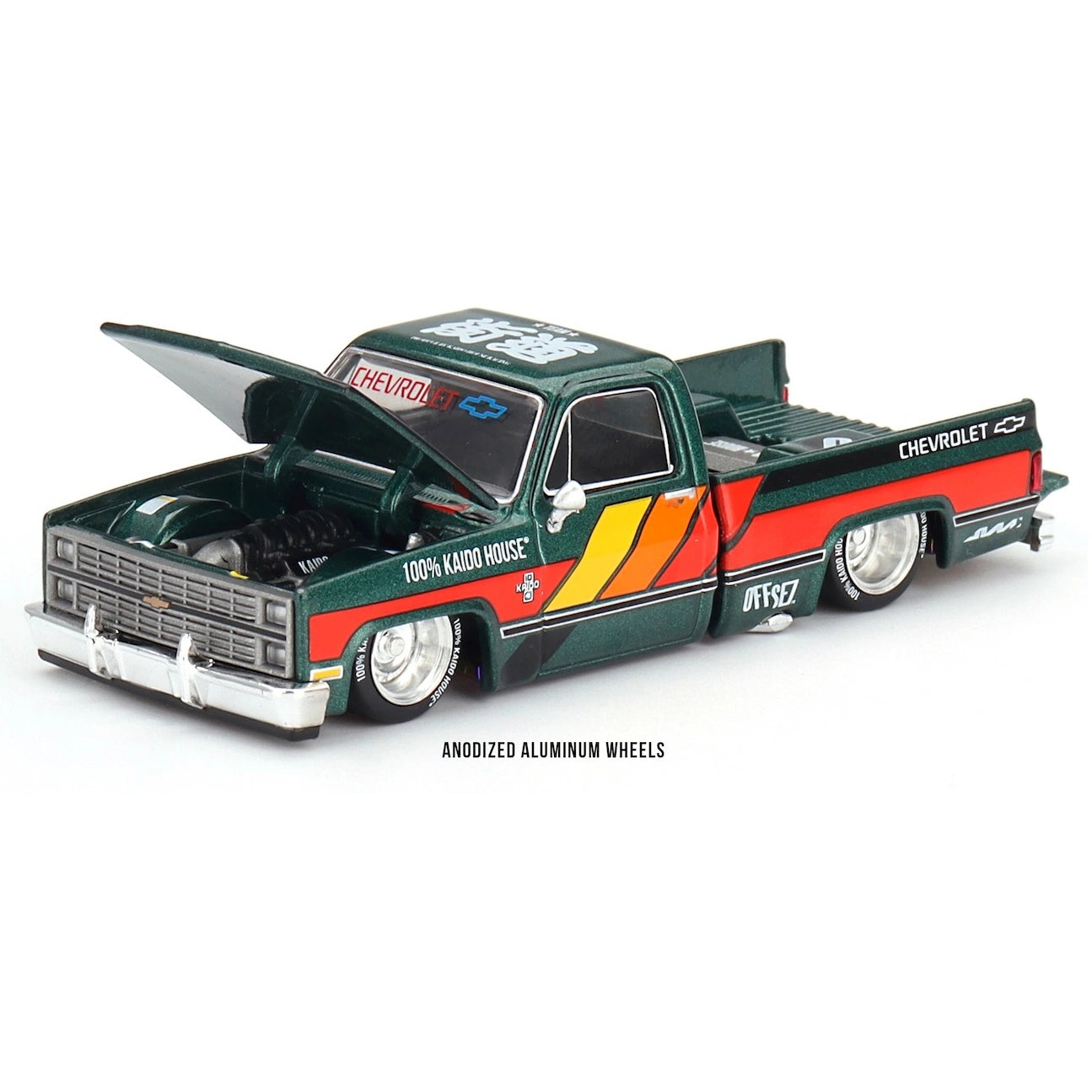Kaido House x MiniGT 1:64 Chevrolet Silverado Kaido Works V3 KHMG226 with custom livery and wide body styling.
