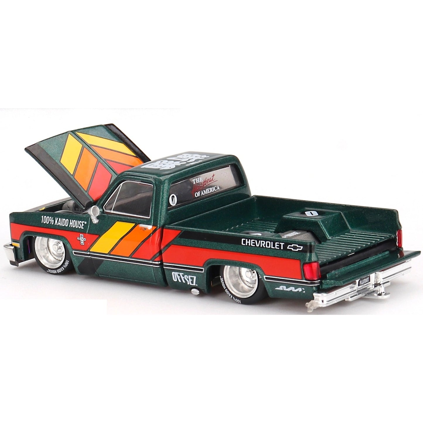 Kaido House x MiniGT 1:64 Chevrolet Silverado Kaido Works V3 KHMG226 with custom livery and wide body styling.