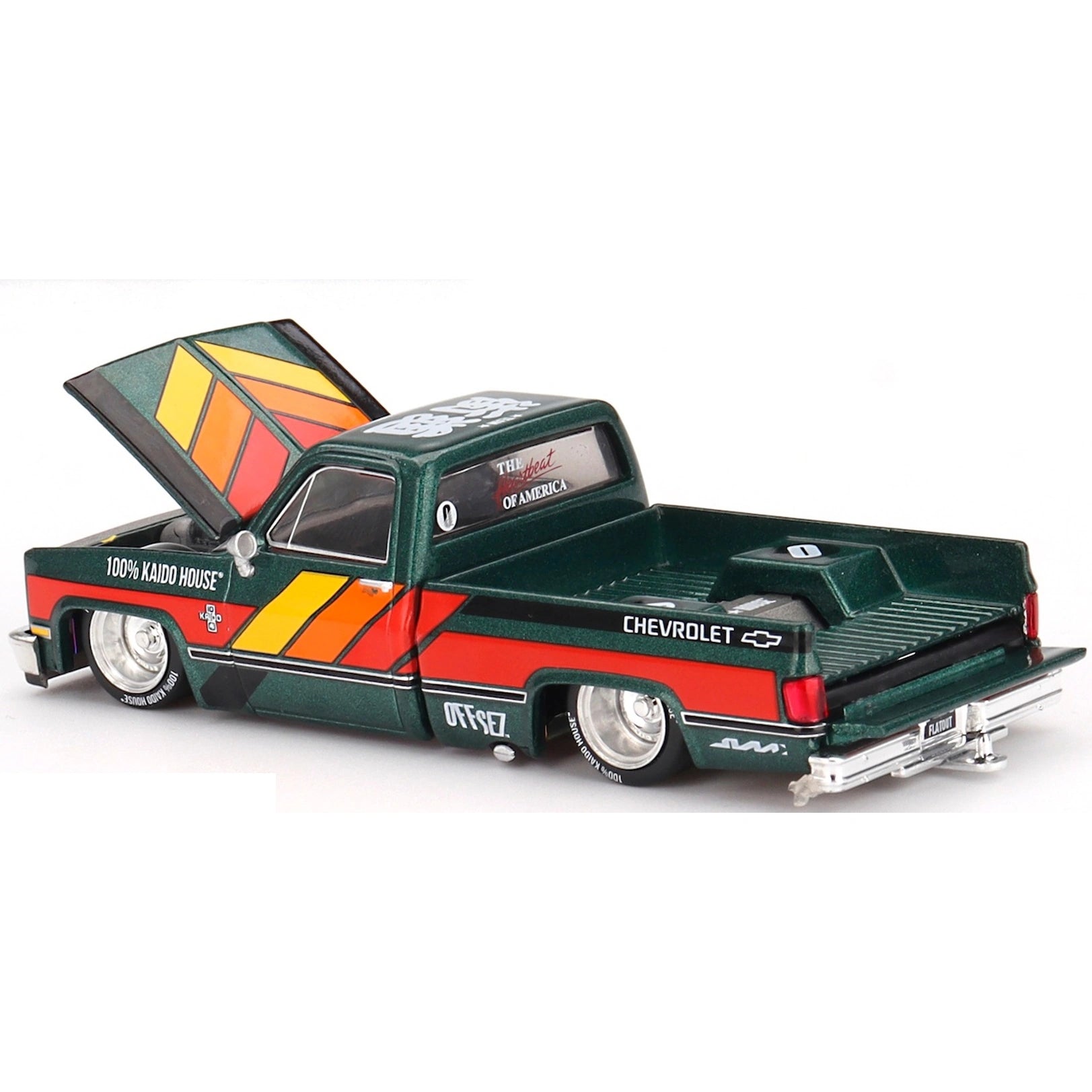 Kaido House x MiniGT 1:64 Chevrolet Silverado Kaido Works V3 KHMG226 with custom livery and wide body styling.