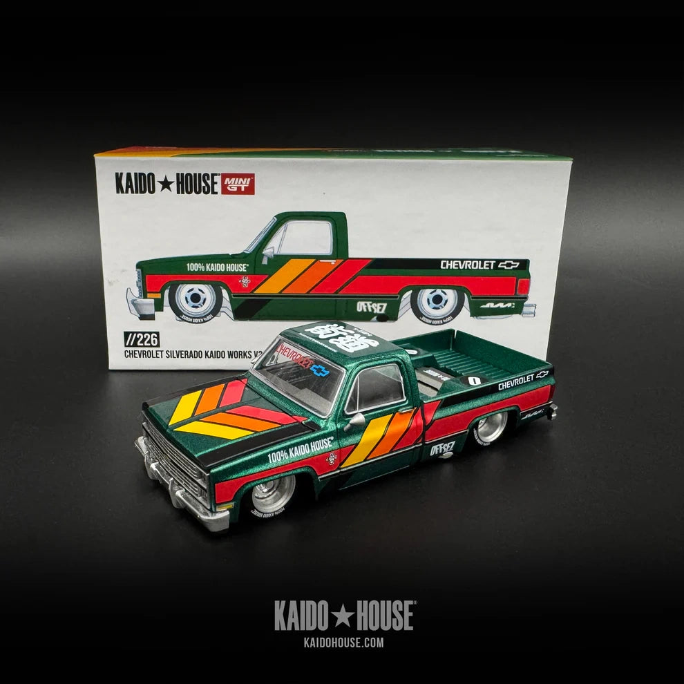 Kaido House x MiniGT 1:64 Chevrolet Silverado Kaido Works V3 KHMG226 with custom livery and wide body styling.