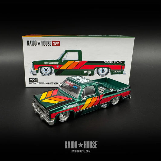 Kaido House x MiniGT 1:64 Chevrolet Silverado Kaido Works V3 KHMG226 with custom livery and wide body styling.