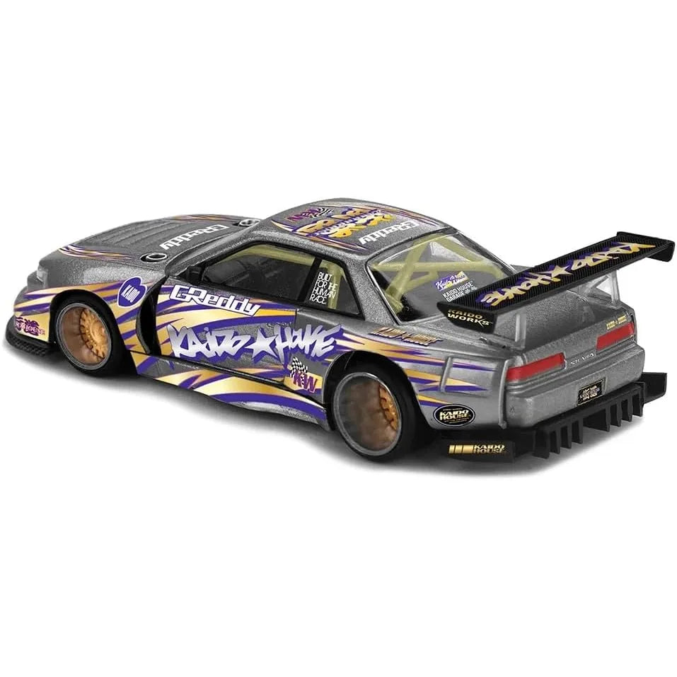 Kaido House x Mini GT 1:64 Nissan Silvia S13-R KAIDO DRIFT V1 GREDDY Gunmetal Gray KHMG235 die-cast collectible with wide-body styling.