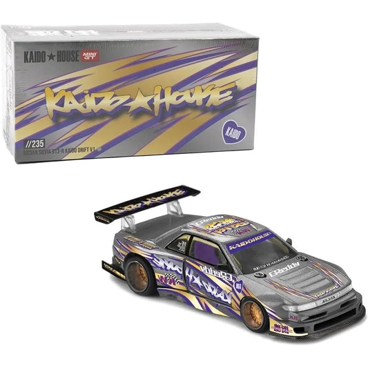 Kaido House x Mini GT 1:64 Nissan Silvia S13-R KAIDO DRIFT V1 GREDDY Gunmetal Gray KHMG235 die-cast collectible with wide-body styling.