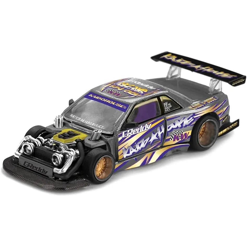 Kaido House x Mini GT 1:64 Nissan Silvia S13-R KAIDO DRIFT V1 GREDDY Gunmetal Gray KHMG235 die-cast collectible with wide-body styling.