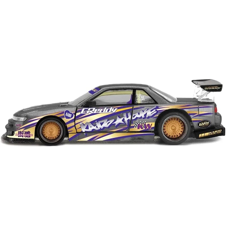 Kaido House x Mini GT 1:64 Nissan Silvia S13-R KAIDO DRIFT V1 GREDDY Gunmetal Gray KHMG235 die-cast collectible with wide-body styling.