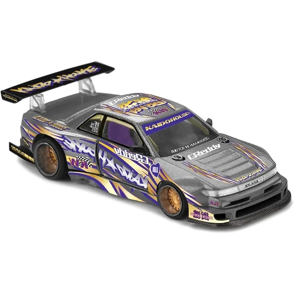 Kaido House x Mini GT 1:64 Nissan Silvia S13-R KAIDO DRIFT V1 GREDDY Gunmetal Gray KHMG235 die-cast collectible with wide-body styling.