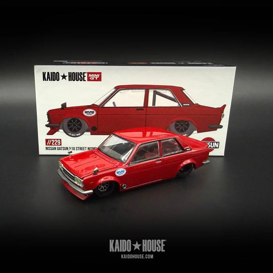 Kaido GT Nissan Datsun 510 Street Nismo V3 KHMG229 diecast model with opening hood, alloy wheels, rainbow-plated chassis and rubber tires.