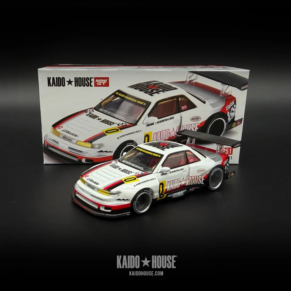 Kaido GT Nissan Silvia S13-R Circuit Spec V1 KHMG251 diecast model with opening hood, alloy wheels, rainbow-plated chassis and rubber tires.