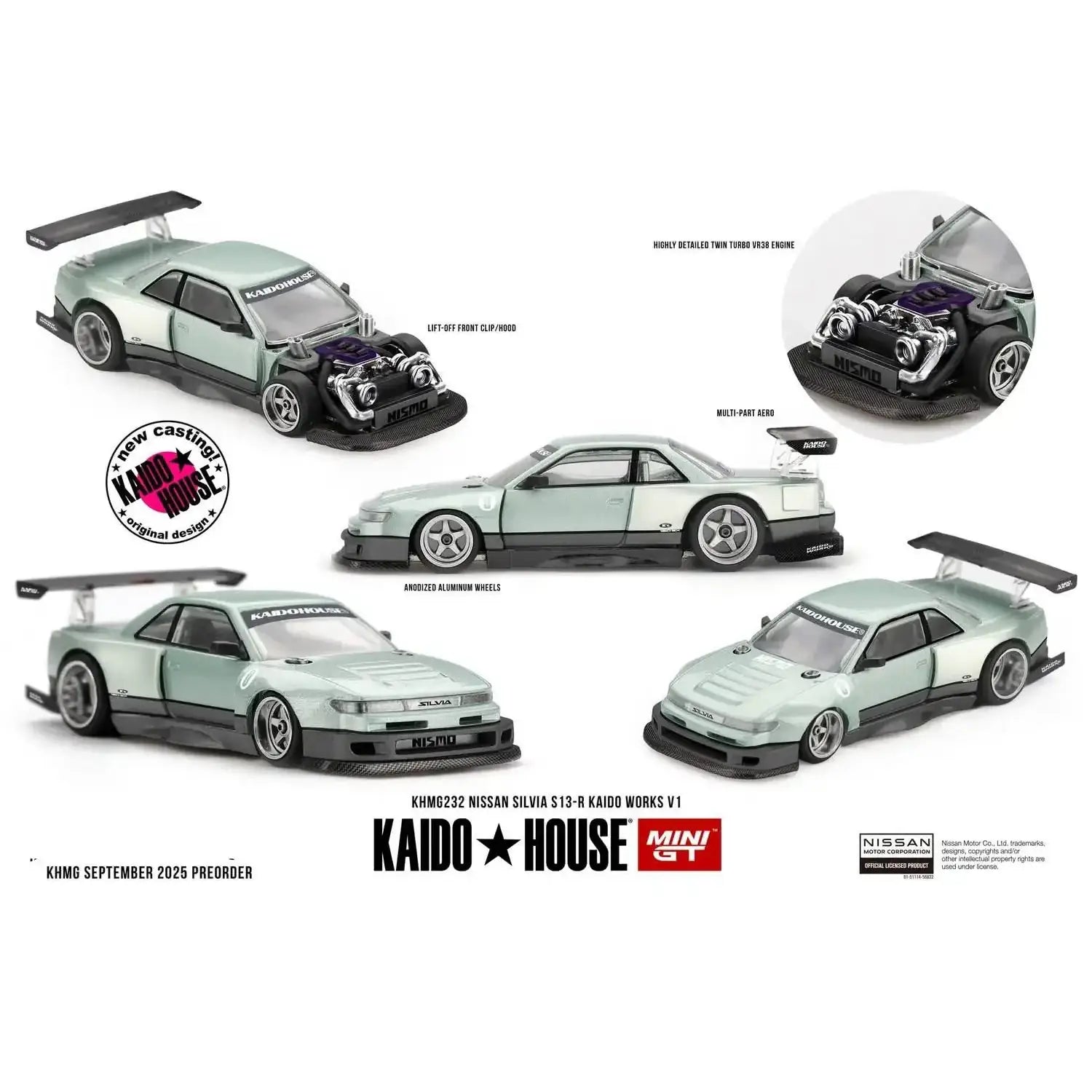 Kaido House x Mini GT 1:64 Nissan Silvia S13-R Kaido Works V1 1991 die-cast model car.