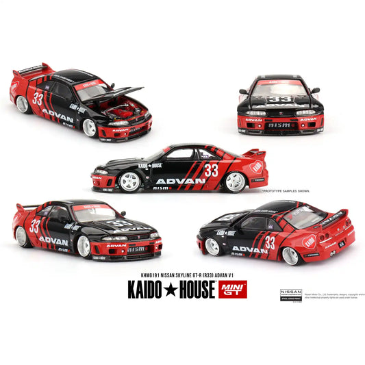 Kaido House 1:64 Nissan Skyline GT-R R33 Kaido Works ADVAN KHMG191 die-cast collectible model car.