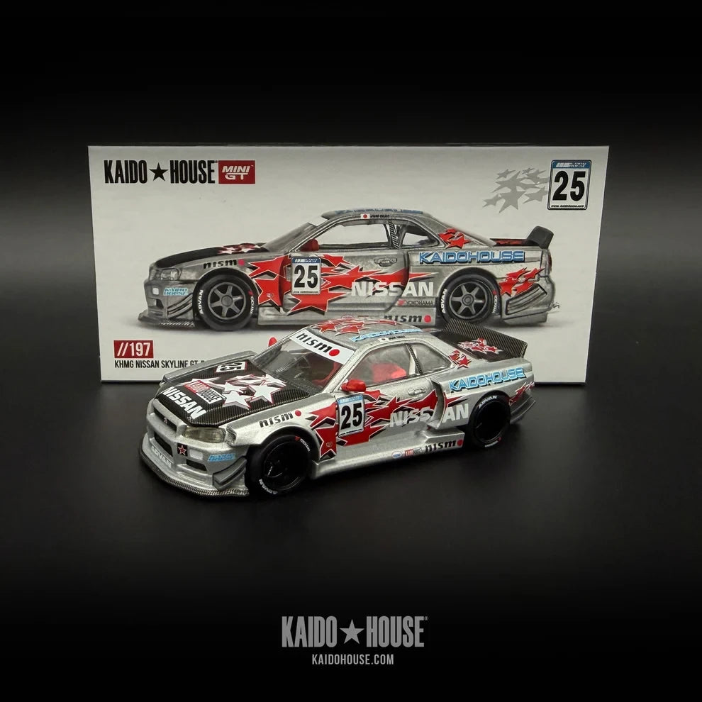 Kaido GT Nissan Skyline GT-R R34 Kaido Star Racing V1 KHMG197 collector diecast model with opening hood, alloy wheels and rubber tires.