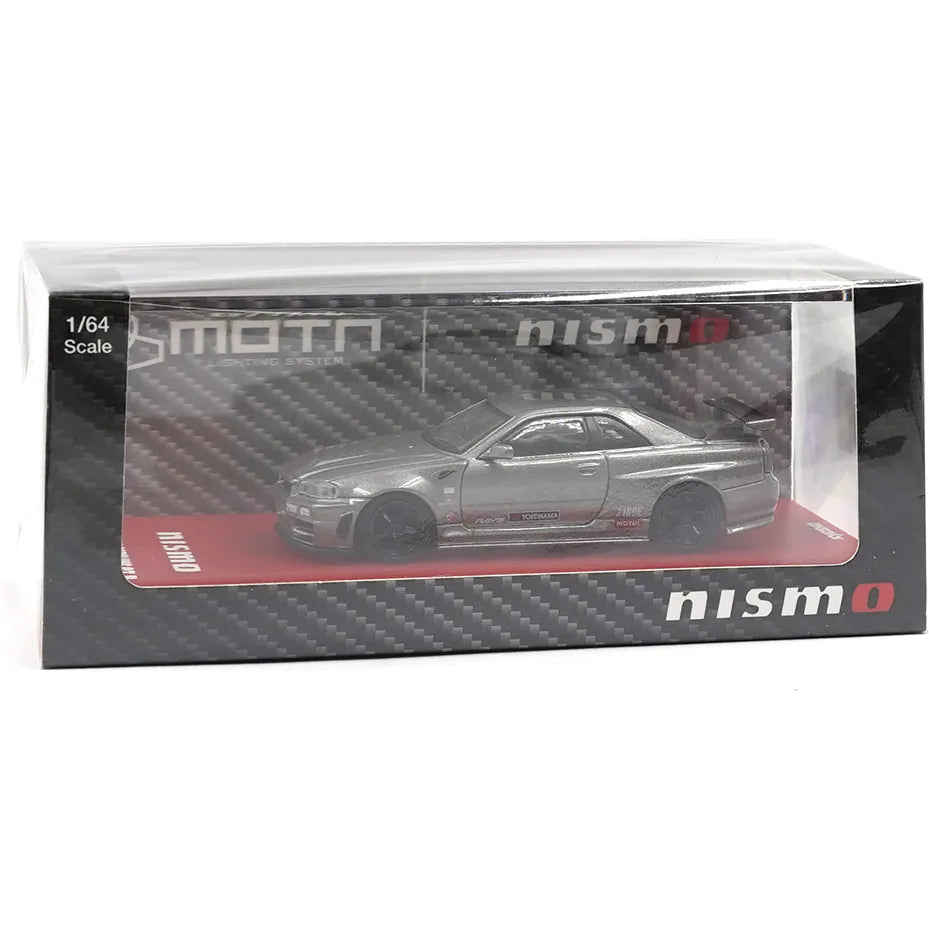 Kyosho 1:64 Nissan Skyline GT-R R34 NISMO BNR34 CRS Version Gray die-cast collectible model.