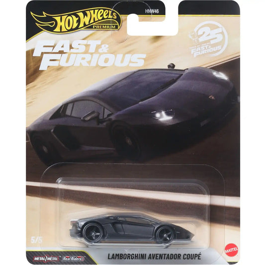 Hot Wheels 1:64 scale Lamborghini Aventador Coupé Premium Fast & Furious die-cast car with Real Riders wheels.