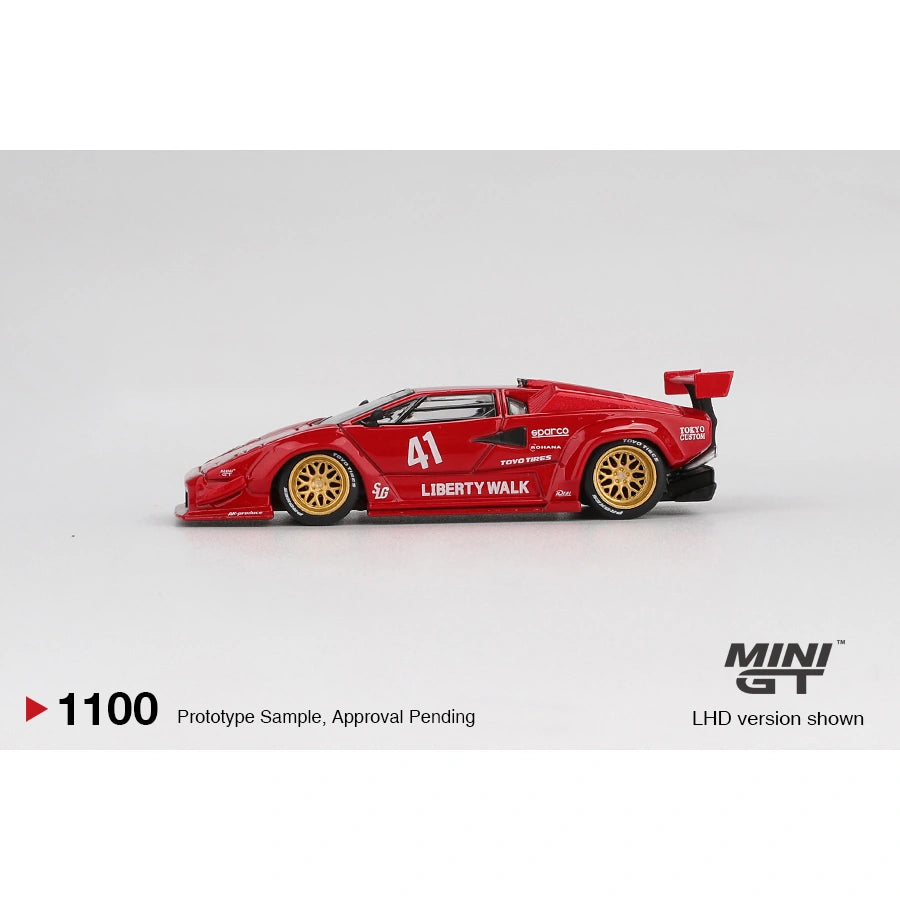 Mini GT 1:64 Lamborghini Countach LB-WORKS in red with Liberty Walk widebody and gold wheels