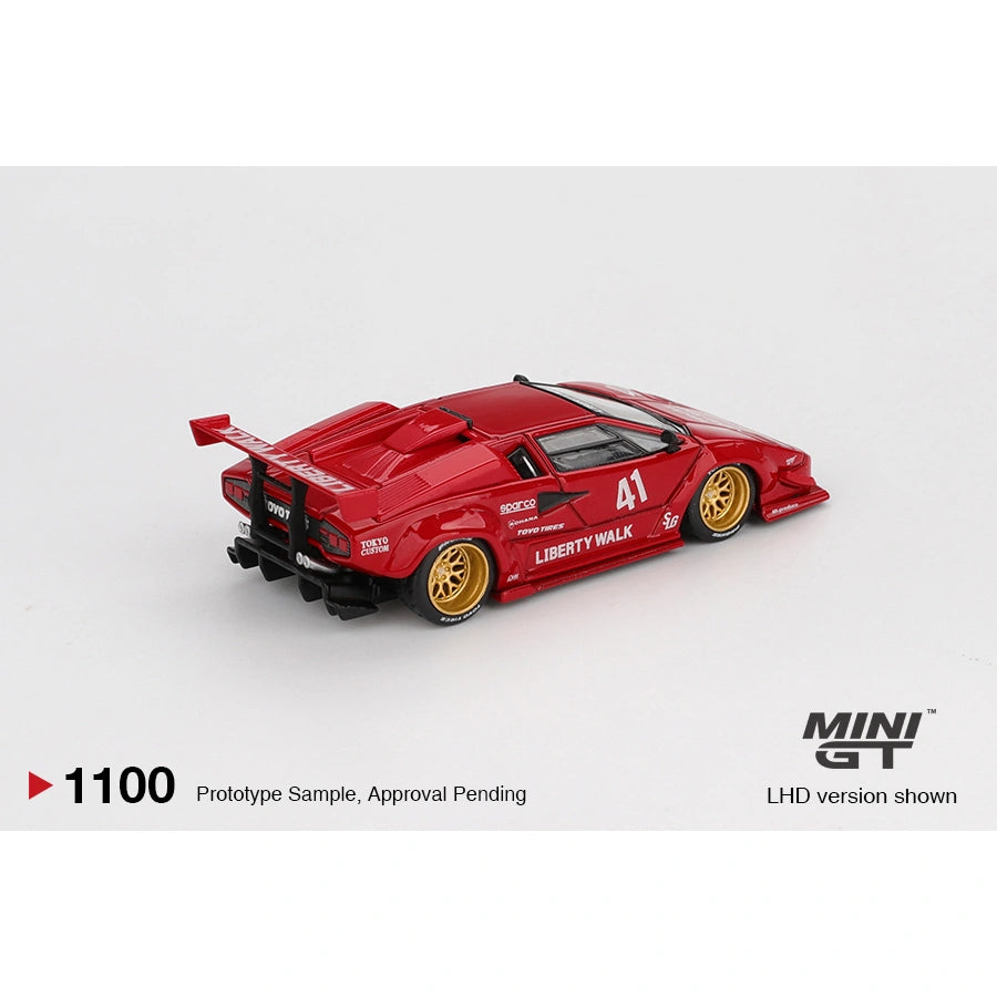 Mini GT 1:64 Lamborghini Countach LB-WORKS in red with Liberty Walk widebody and gold wheels