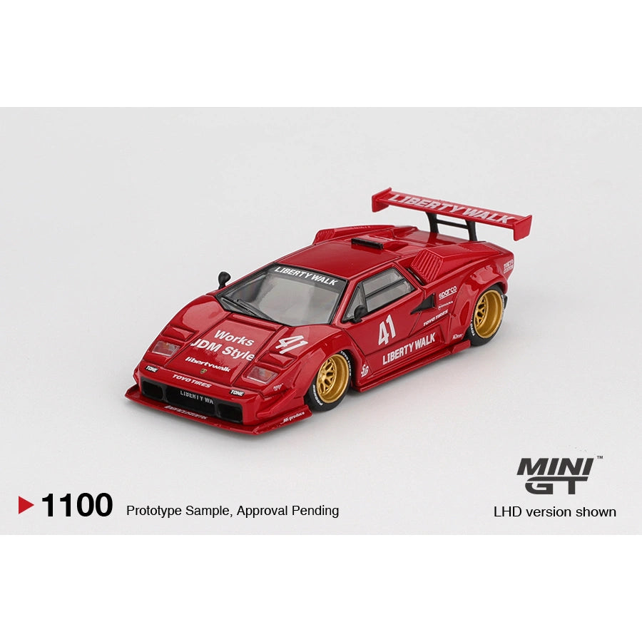 Mini GT 1:64 Lamborghini Countach LB-WORKS in red with Liberty Walk widebody and gold wheels