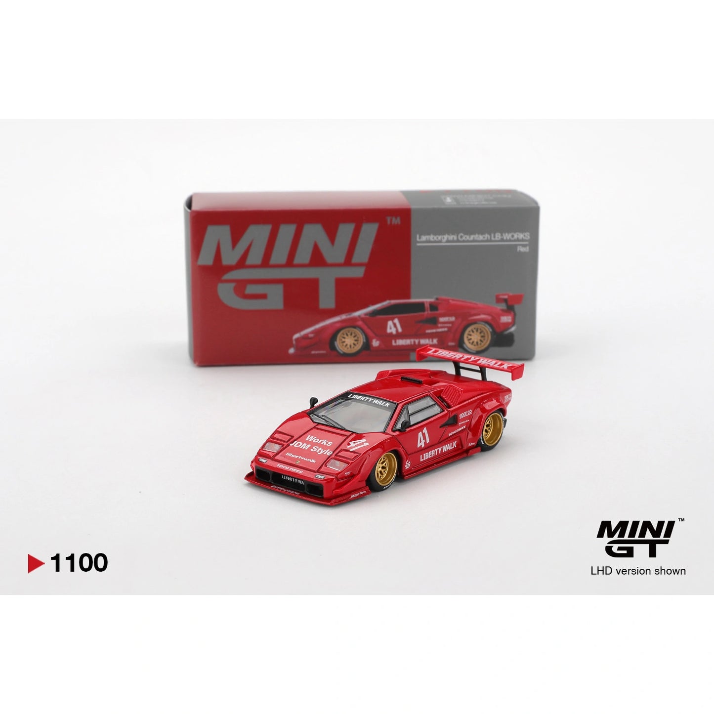 Mini GT 1:64 Lamborghini Countach LB-WORKS in red with Liberty Walk widebody and gold wheels