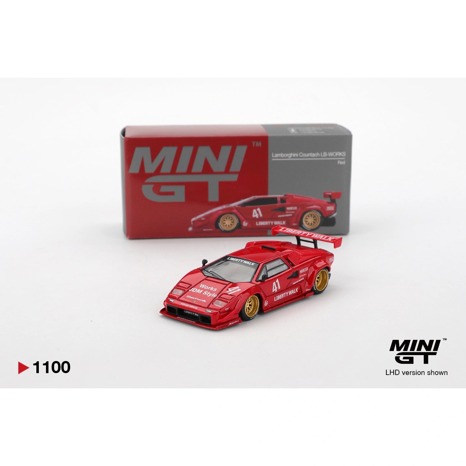Mini GT 1:64 Lamborghini Countach LB-WORKS in red with Liberty Walk widebody and gold wheels