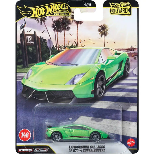 Hot Wheels 1:64 scale Lamborghini Gallardo LP 570-4 Superleggera Premium Boulevard #148 die-cast car in green.