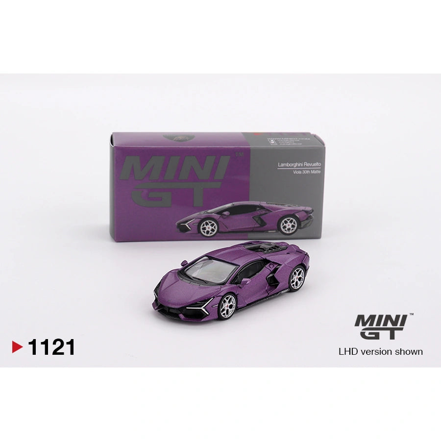 Mini GT 1:64 scale Lamborghini Revuelto in Viola 30th Matte finish with hybrid V12 styling, detailed bodywork, and anniversary edition details