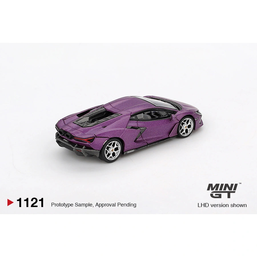 Mini GT 1:64 scale Lamborghini Revuelto in Viola 30th Matte finish with hybrid V12 styling, detailed bodywork, and anniversary edition details