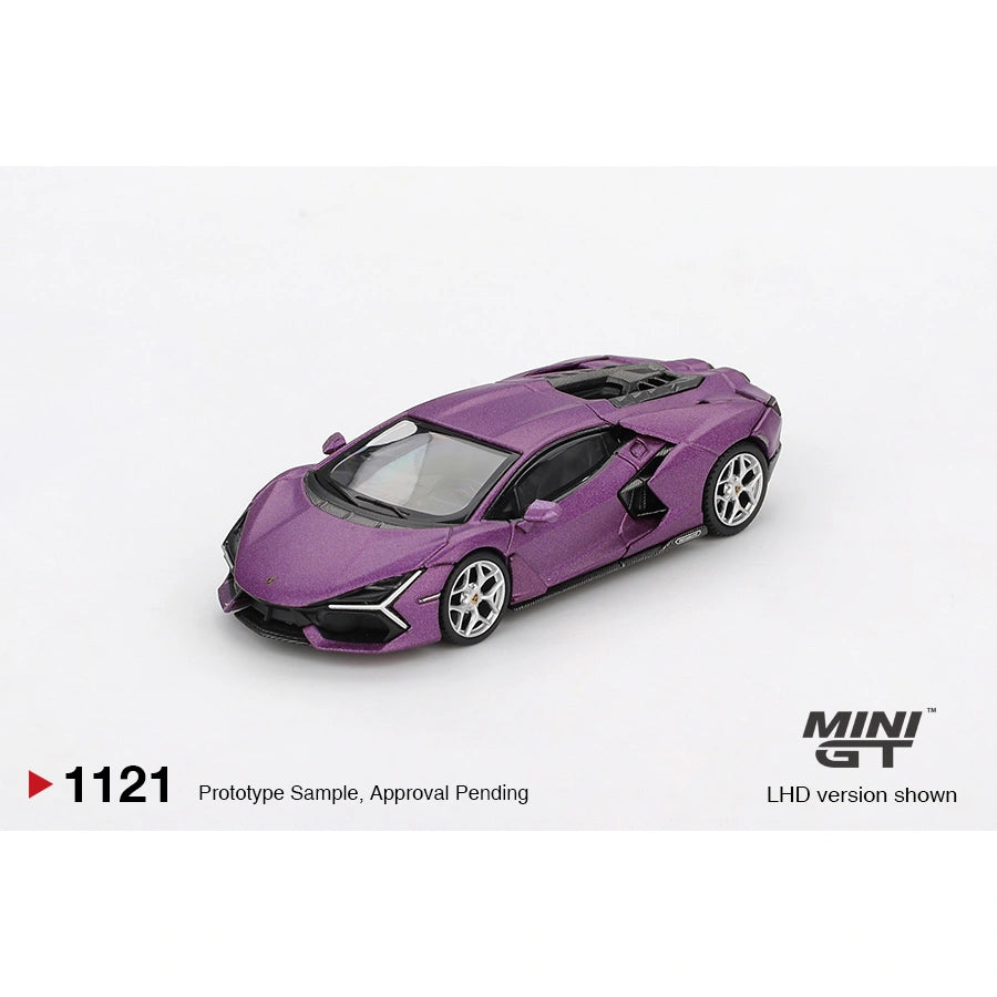 Mini GT 1:64 scale Lamborghini Revuelto in Viola 30th Matte finish with hybrid V12 styling, detailed bodywork, and anniversary edition details