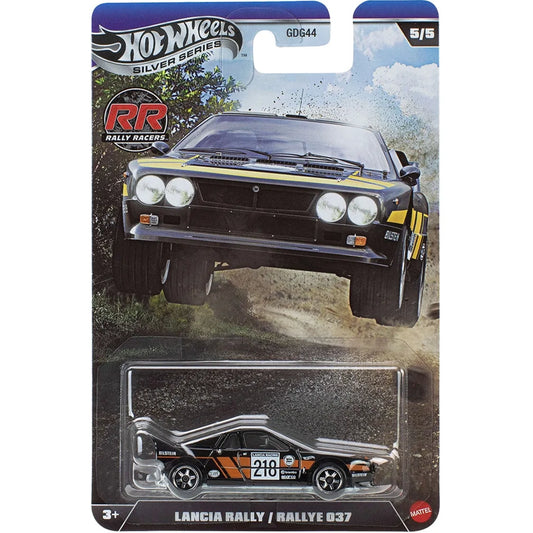 Hot Wheels 1:64 scale Lancia Rally Rallye 037 from Silver Series RR Rally Racers with authentic rally detailing.
