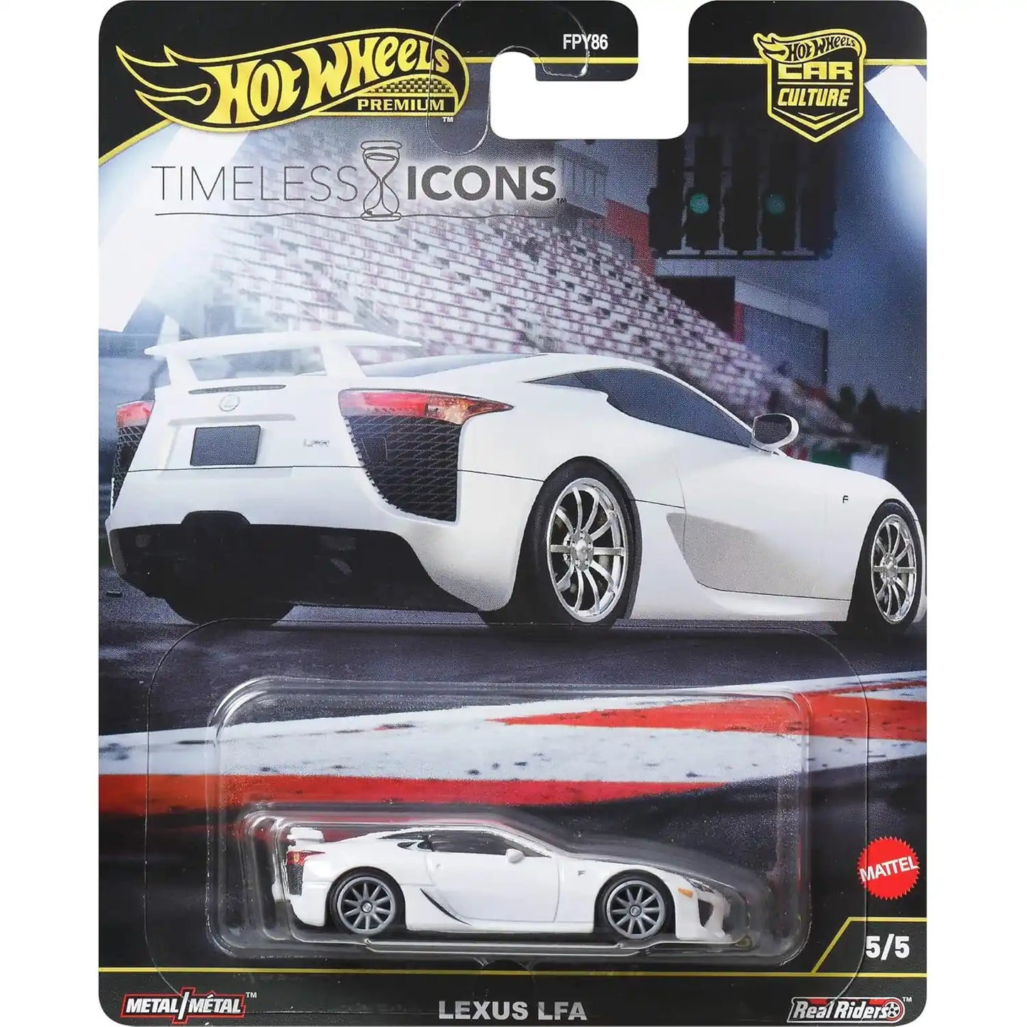Hot Wheels 1:64 Lexus LFA White Premium Car Culture Timeless Icons 5/5 die-cast model with Real Riders wheels and Metal/Metal construction.