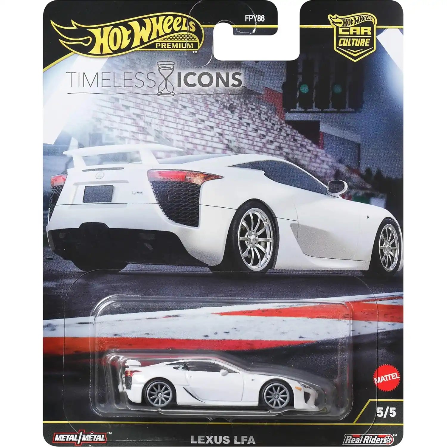 Hot Wheels 1:64 Lexus LFA White Premium Car Culture Timeless Icons 5/5 die-cast model with Real Riders wheels and Metal/Metal construction.