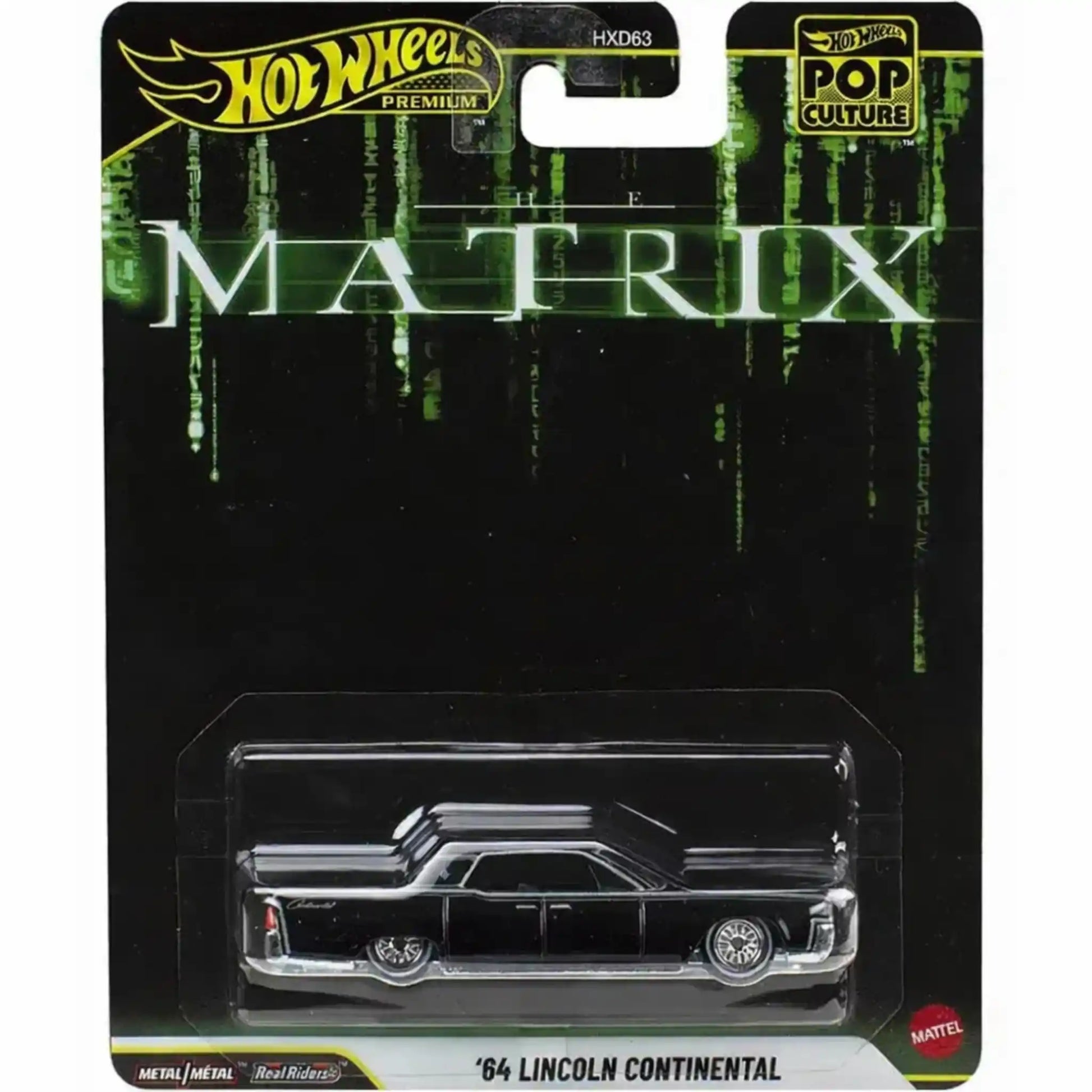 Hot Wheels Pop Culture 1:64 ’64 Lincoln Continental JHW89 HXD63 die-cast model in black from The Matrix with Real Riders wheels and Metal/Metal construction.