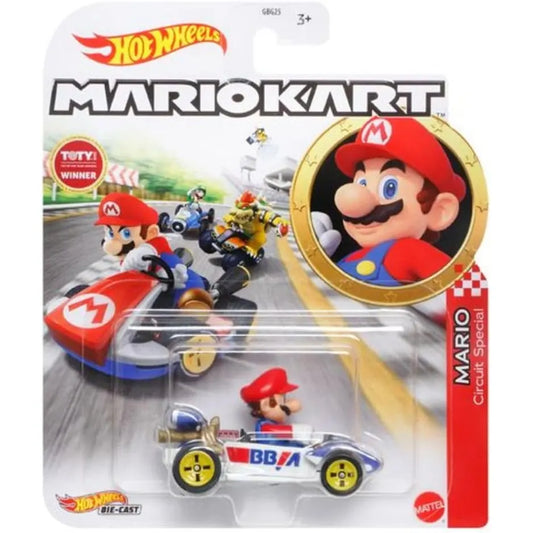 Hot Wheels Mario Kart Mario Circuit Special Mach-Celere die-cast vehicle inspired by the Nintendo racing game series.