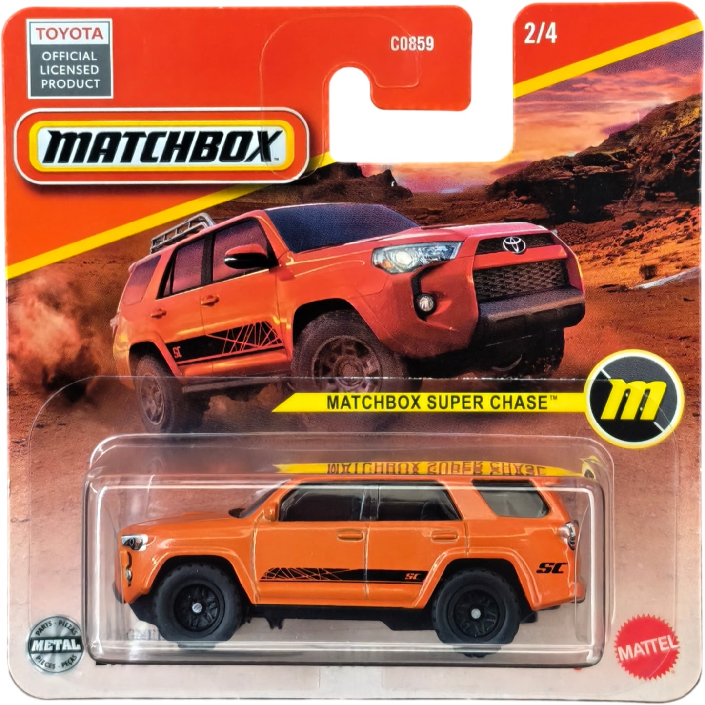 Matchbox Super Chase Toyota 4Runner die-cast model in orange with black detailing, 1:64 scale.