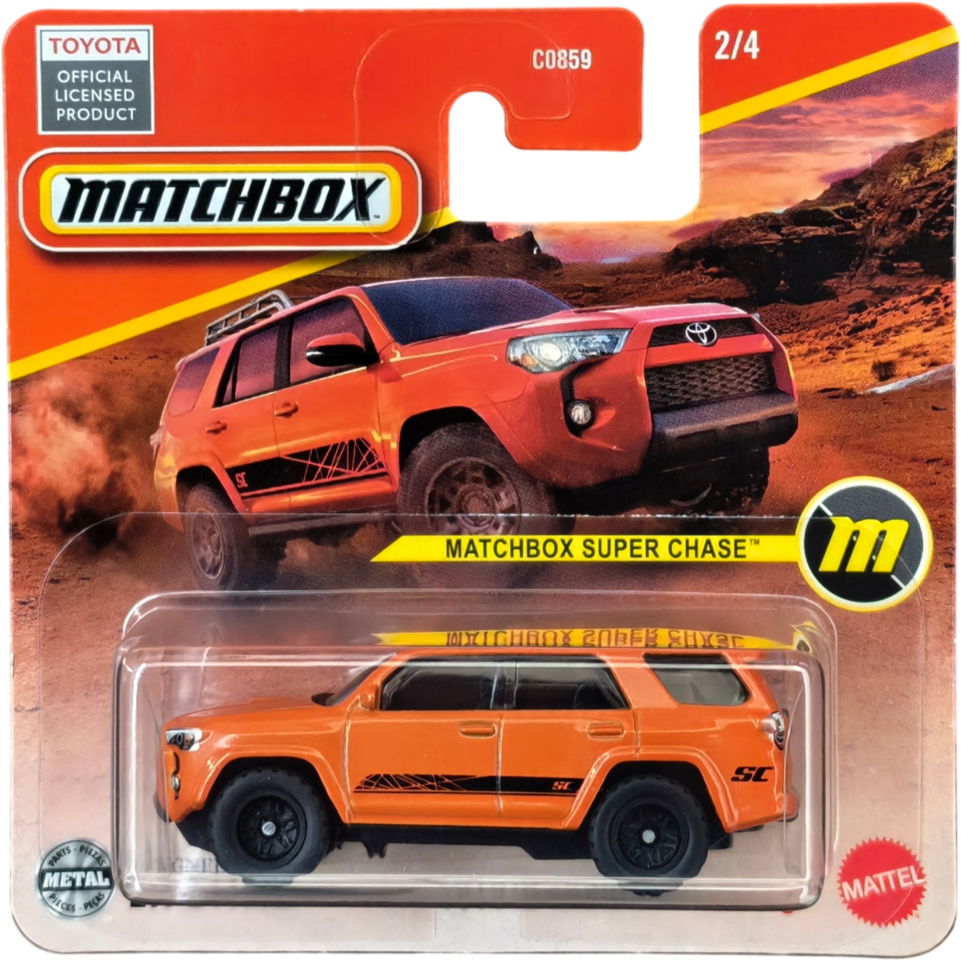 Matchbox Super Chase Toyota 4Runner die-cast model in orange with black detailing, 1:64 scale.