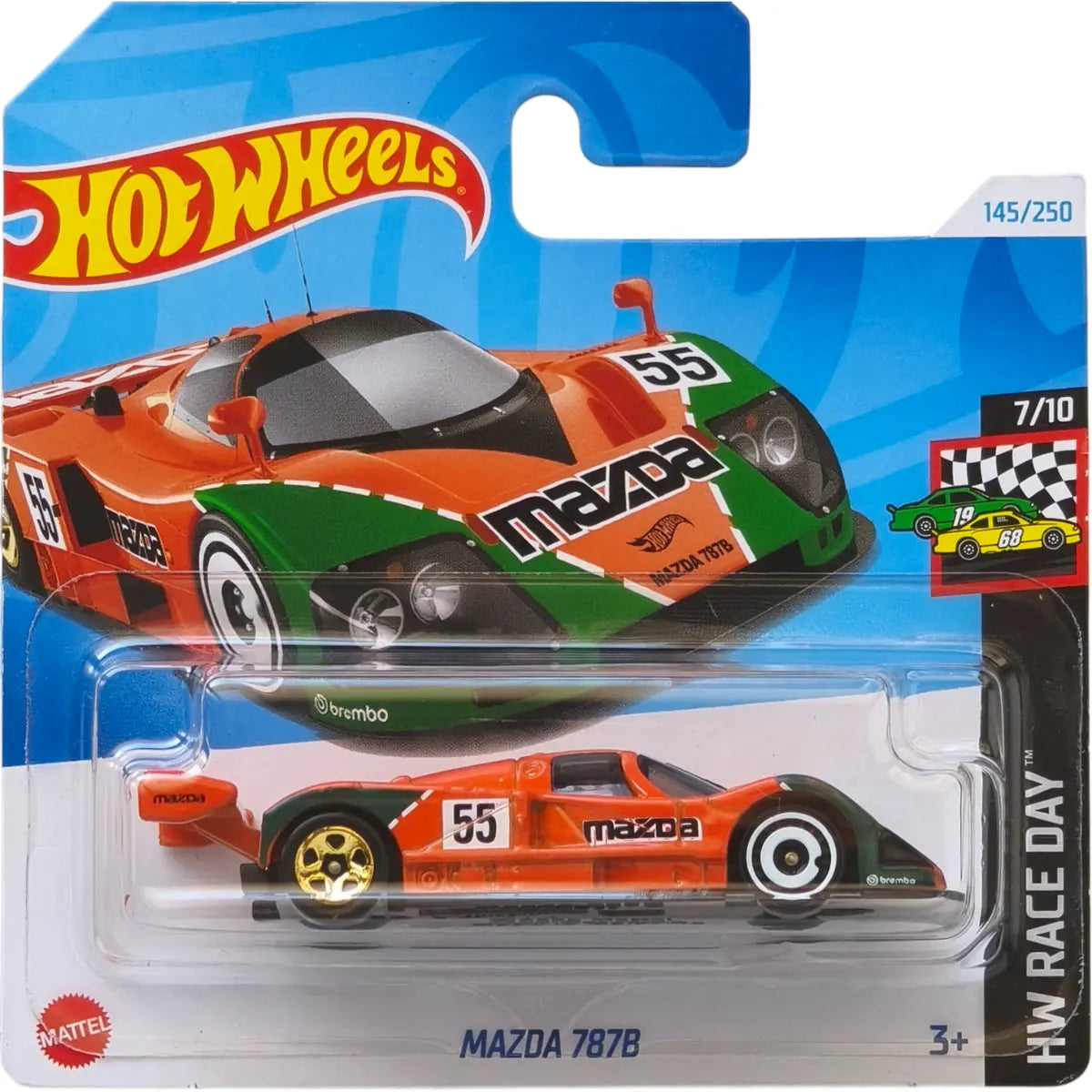 Hot Wheels 1:64 Mazda 787B orange HW Race Day 145/250 7/10 short card die-cast collectible.