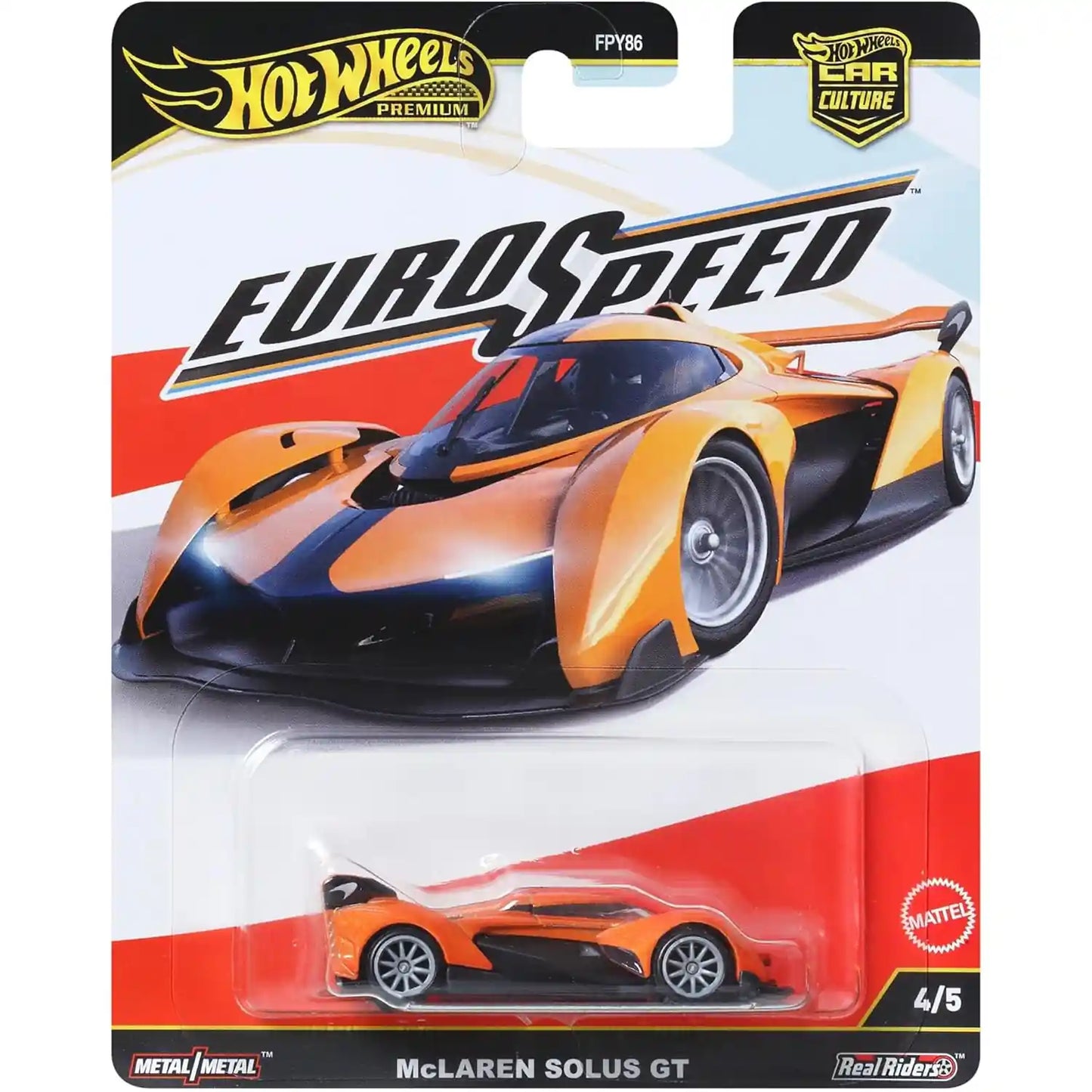 Hot Wheels Car Culture Euro Speed McLaren Solus GT die-cast with Real Riders wheels and orange black finish