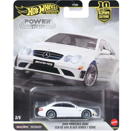 Hot Wheels 1:64 scale 2008 Mercedes-Benz CLK 63 AMG Black Series Premium Car Culture die-cast car with Real Riders wheels and Metal/Metal body.