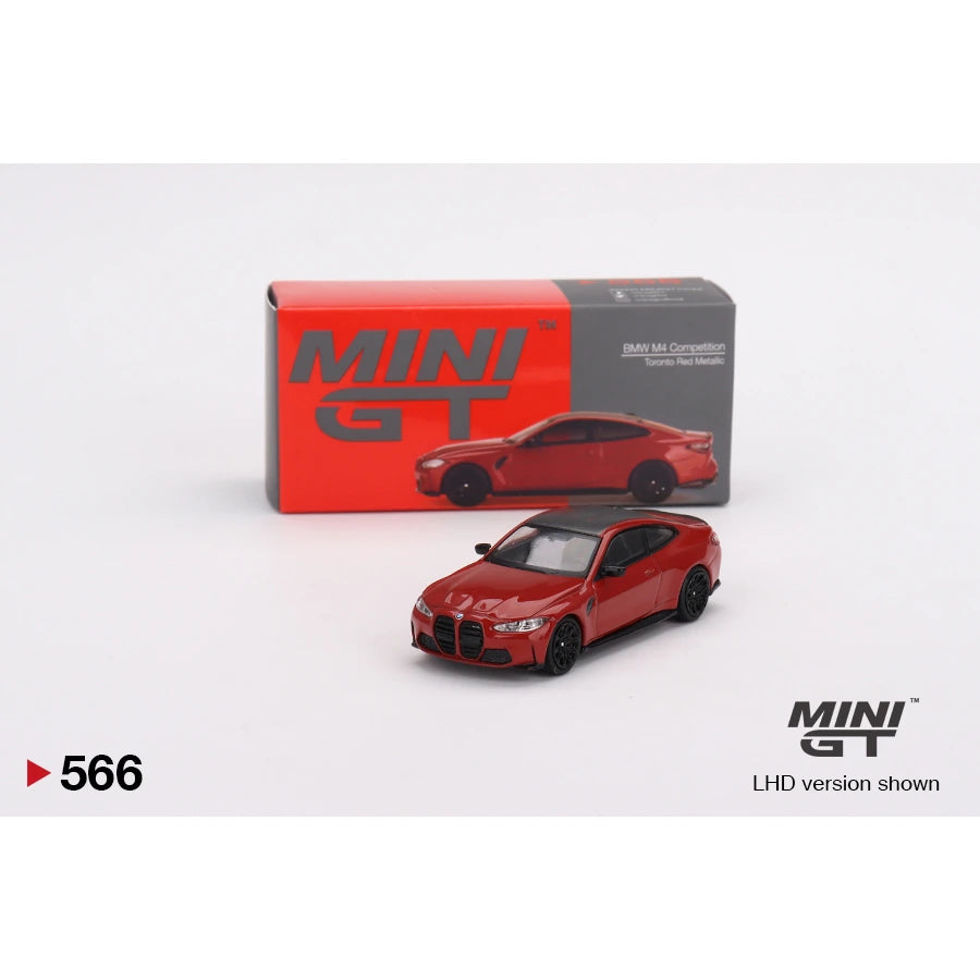 MiniGT 1:64 scale BMW M4 Competition die-cast model in Toronto Red Metallic with black roof, #566.
